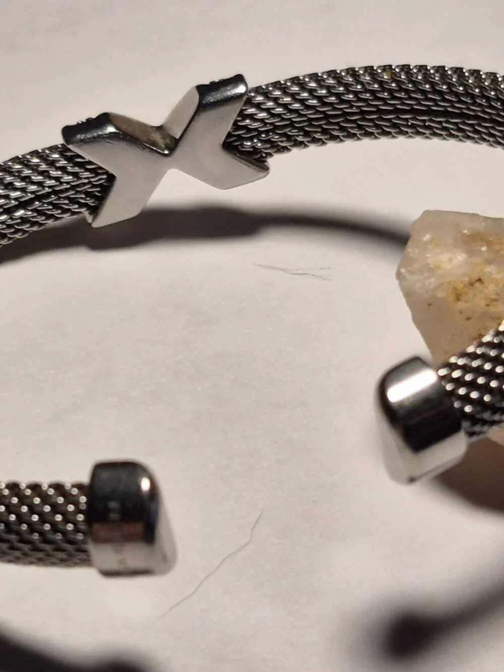 Skagen Silver Tone Woven Mesh Cuff Bracelet Cross/X Centerpiece Rhinestones